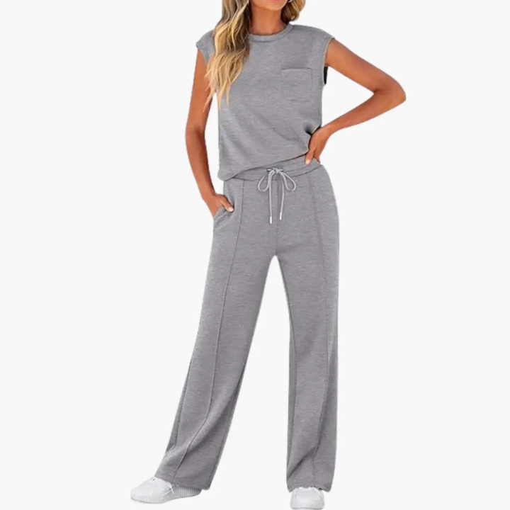 Women’s Cap Sleeve Two-Piece Set Round Neck Top with Drawstring Pants