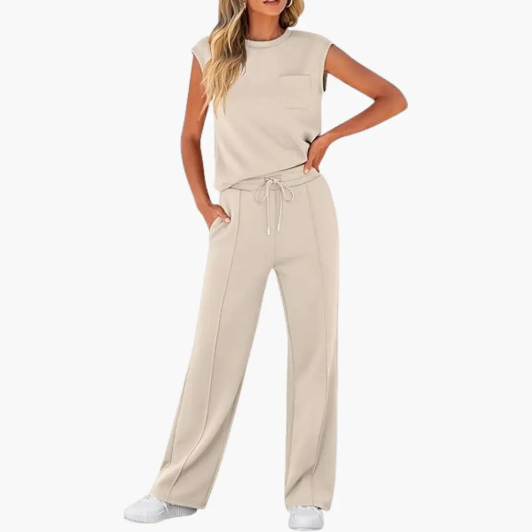 Women’s Cap Sleeve Two-Piece Set Round Neck Top with Drawstring Pants