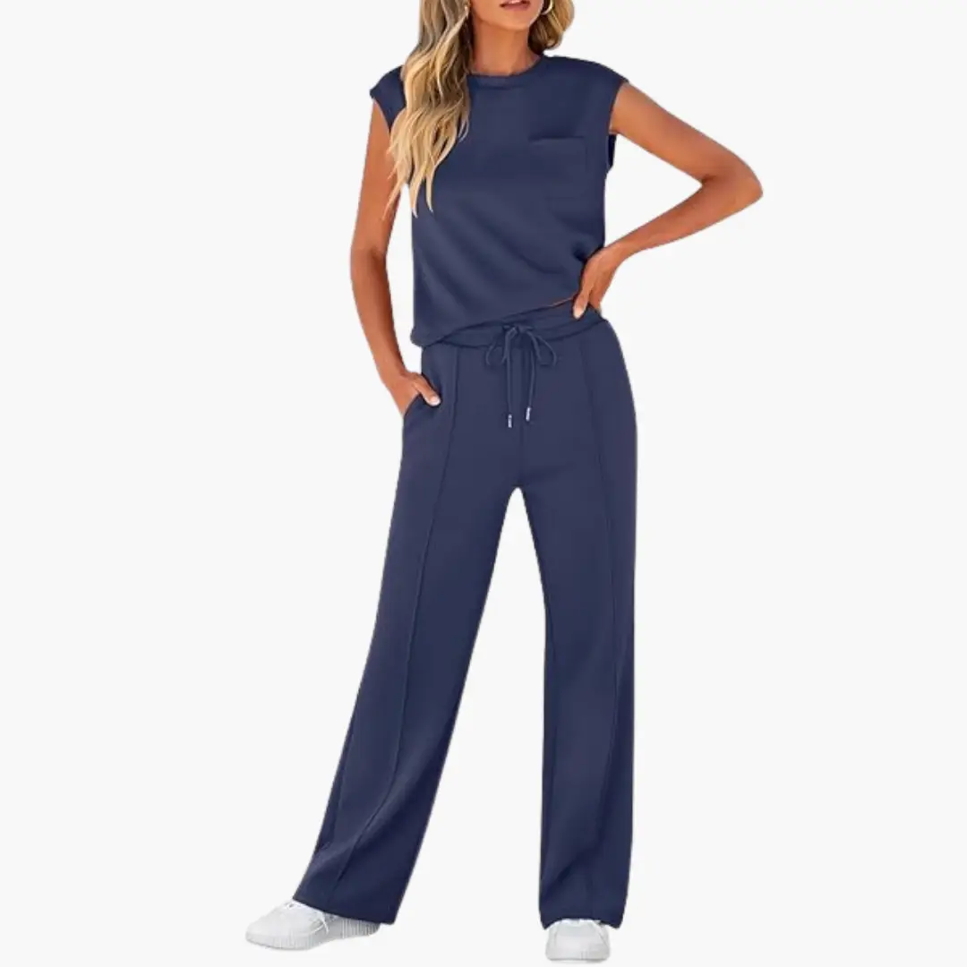 Women’s Cap Sleeve Two-Piece Set Round Neck Top with Drawstring Pants