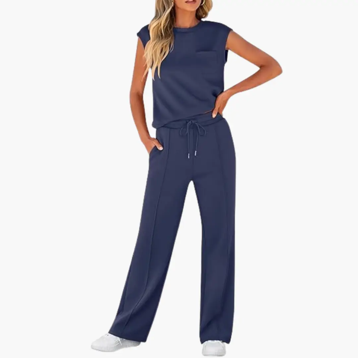 Women’s Cap Sleeve Two-Piece Set Round Neck Top with Drawstring Pants
