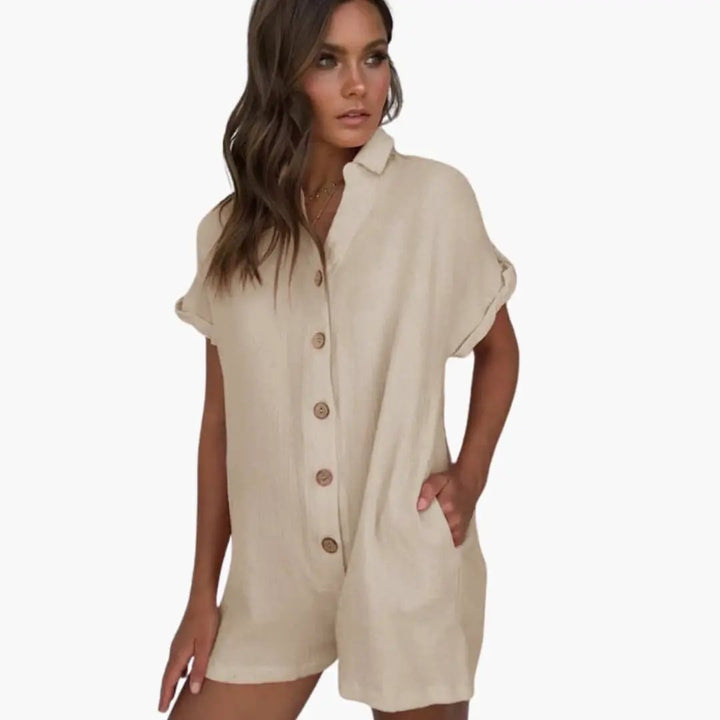 Women’s Collared Button Front Jumpsuit with Rolled Sleeves