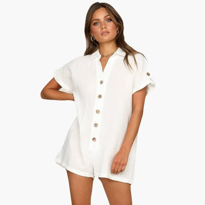Women’s Collared Button Front Jumpsuit with Rolled Sleeves