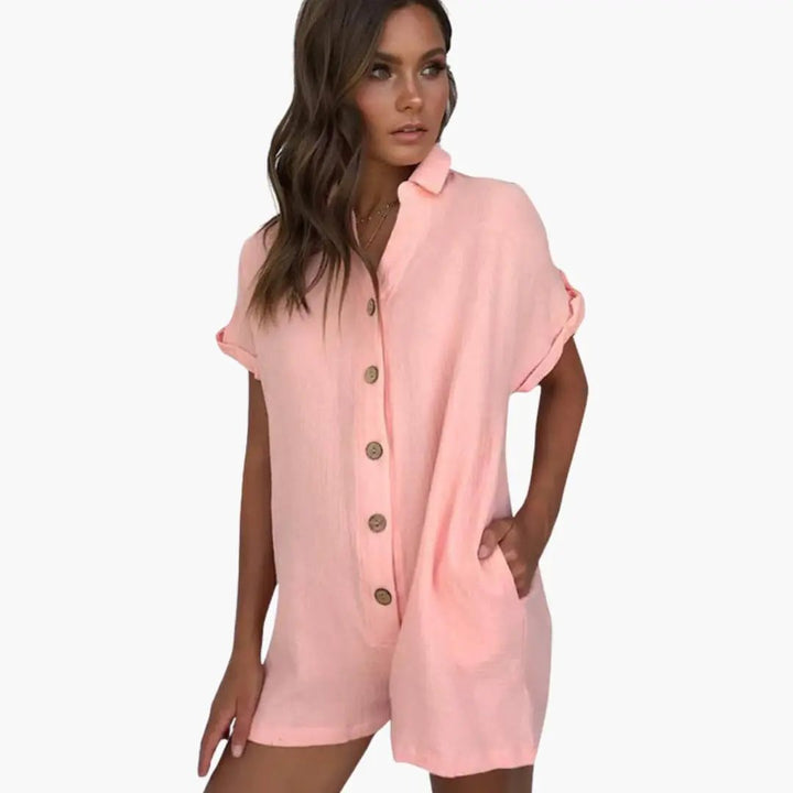 Women’s Collared Button Front Jumpsuit with Rolled Sleeves