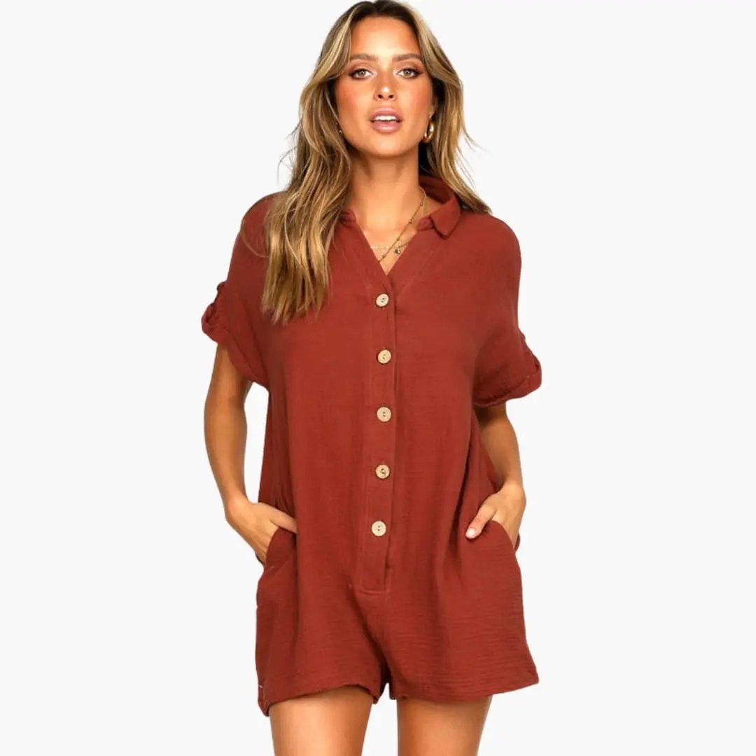 Women’s Collared Button Front Jumpsuit with Rolled Sleeves