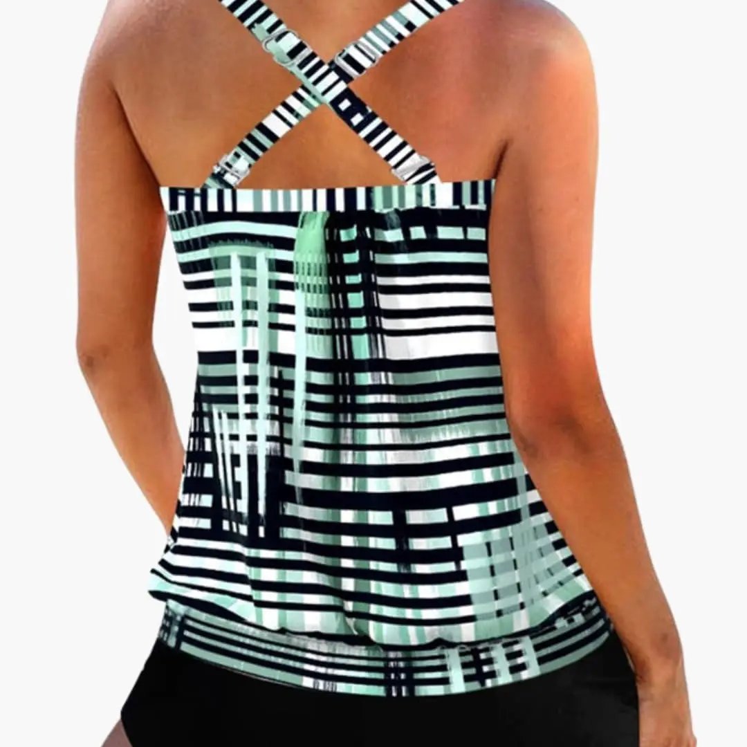 Women’s Collared Tankini Swimsuit with Shorts – Striped Two-Piece Bathing Suit