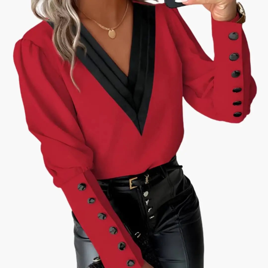 Women’s Color Block V-Neck Blouse Long Sleeve Woven Pullover Top