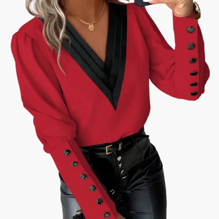 Women’s Color Block V-Neck Blouse Long Sleeve Woven Pullover Top