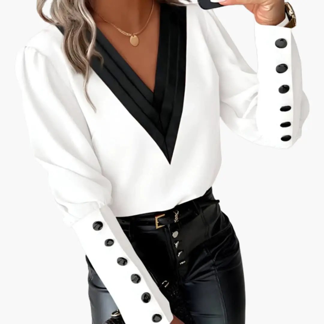 Women’s Color Block V-Neck Blouse Long Sleeve Woven Pullover Top