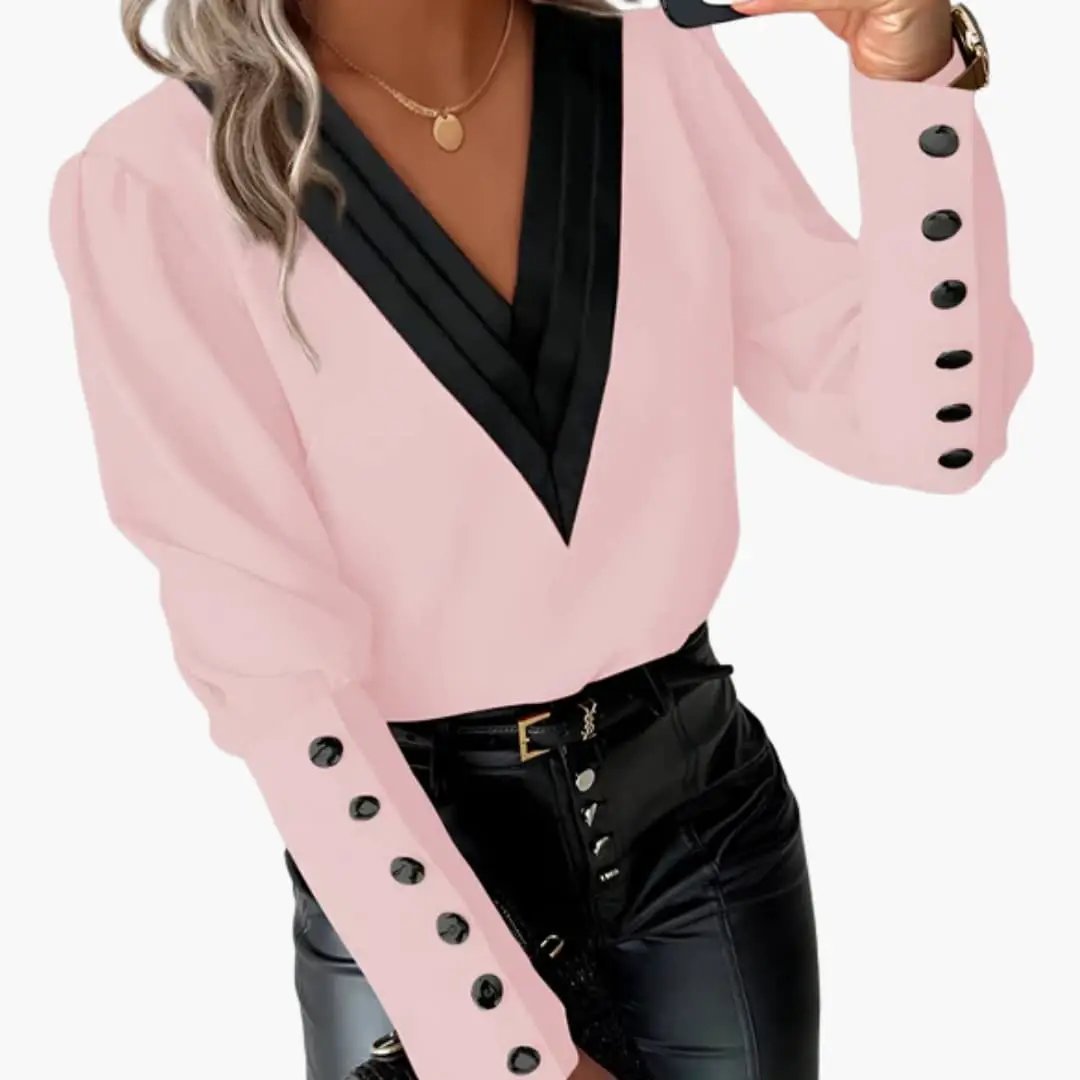 Women’s Color Block V-Neck Blouse Long Sleeve Woven Pullover Top