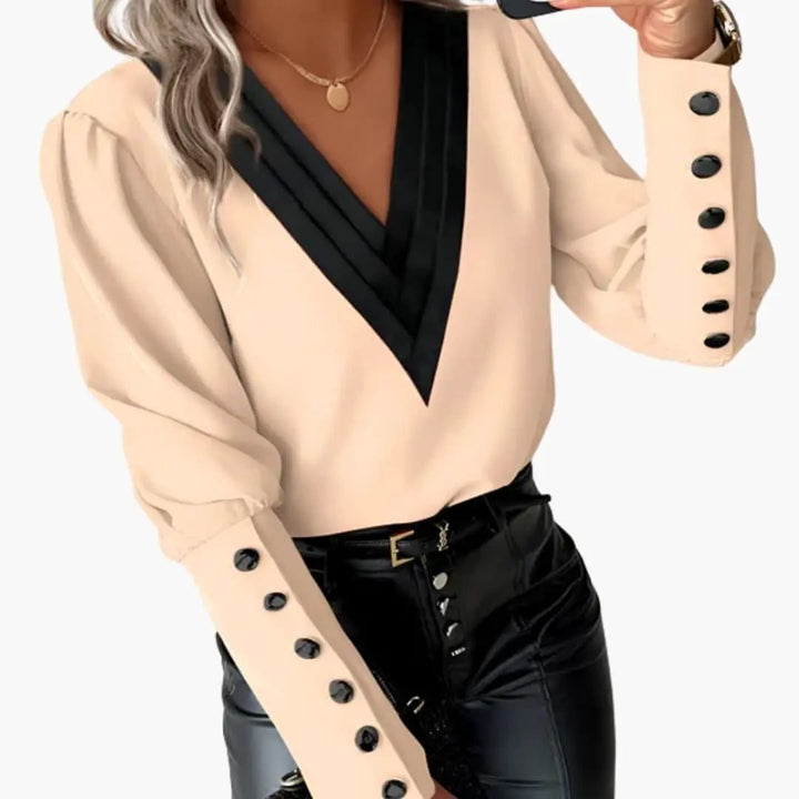 Women’s Color Block V-Neck Blouse Long Sleeve Woven Pullover Top