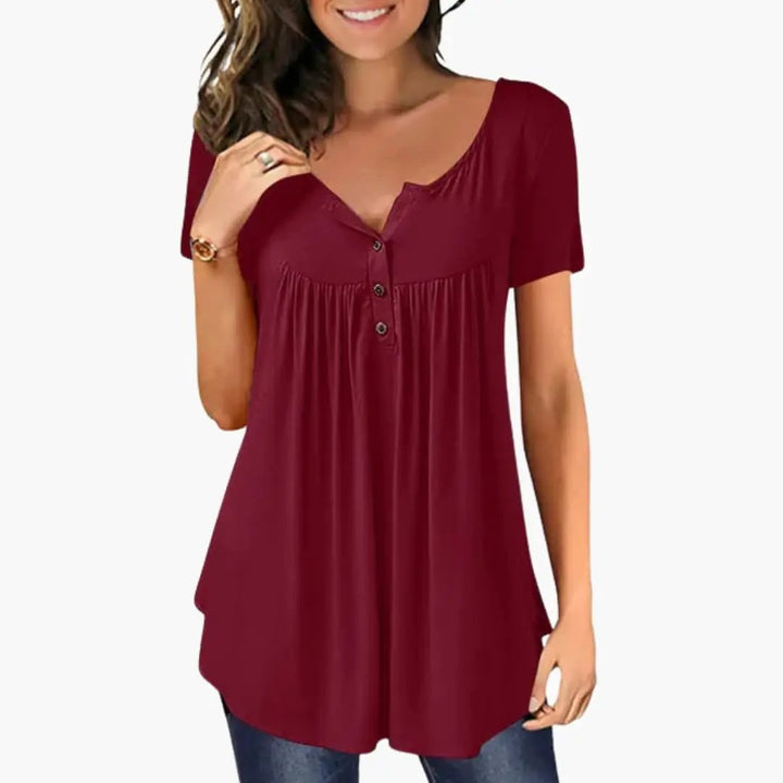 Women’s Crew Neck Button Accent Blouse – Long Sleeve Woven Pullover Top