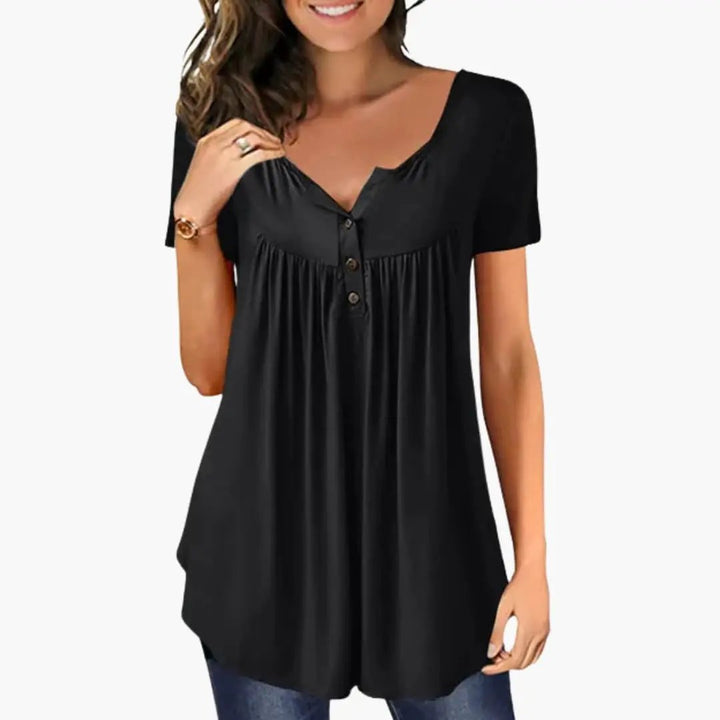 Women’s Crew Neck Button Accent Blouse – Long Sleeve Woven Pullover Top