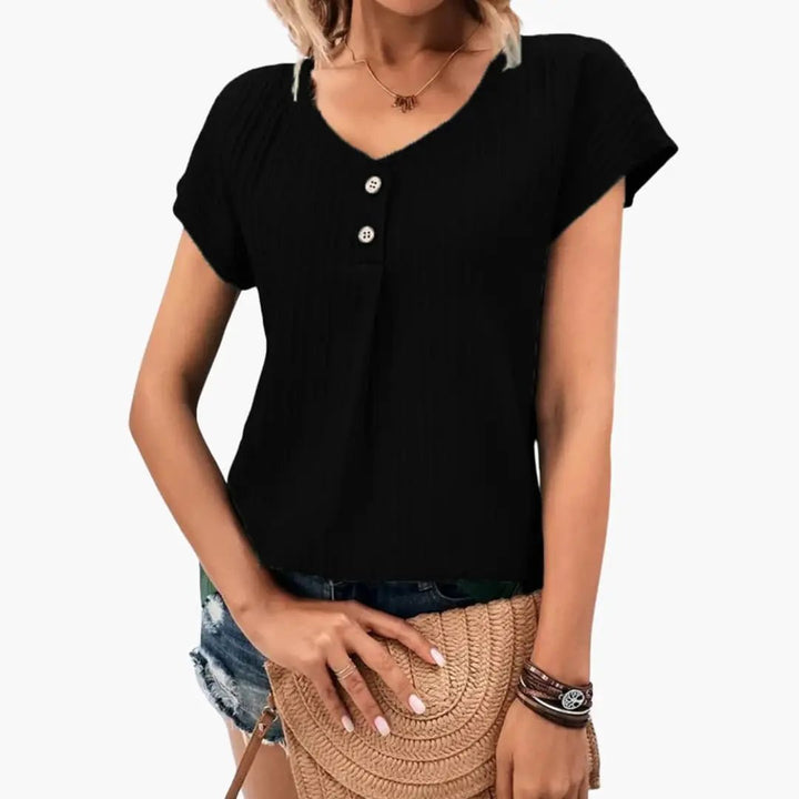Women’s Crew Neck Button Detail Short Sleeve T-Shirt