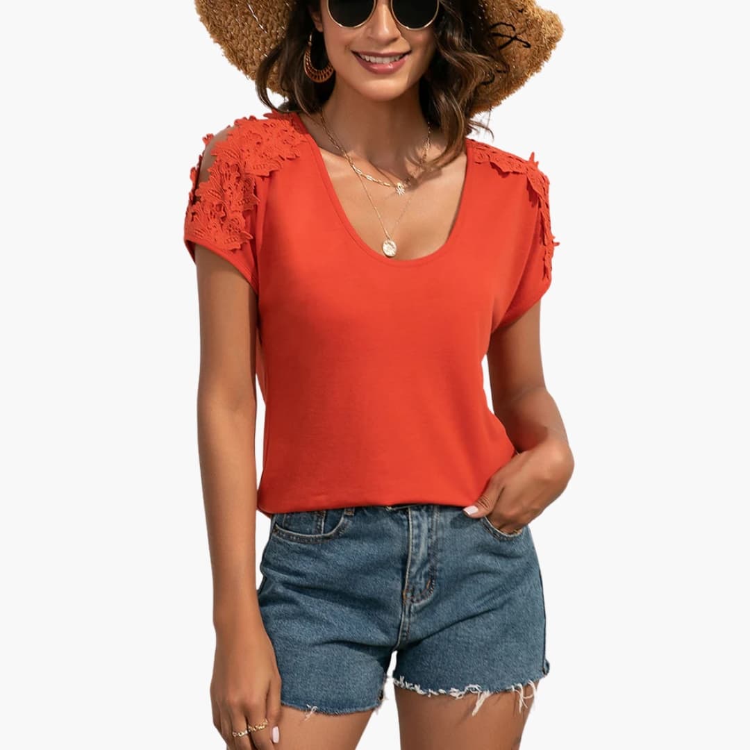 Women’s Crew Neck Floral Lace Trim Short Sleeve T-Shirt