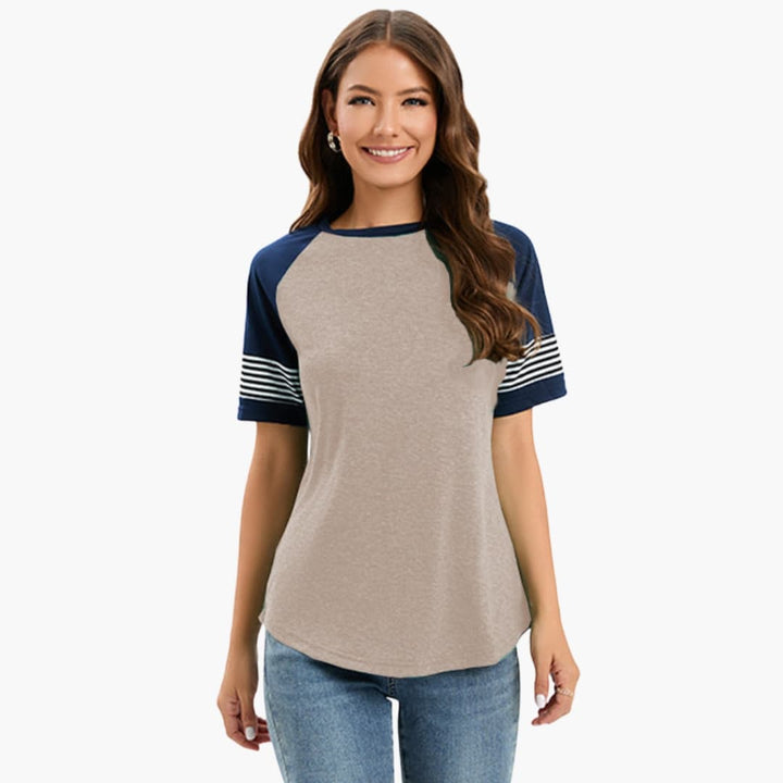 Women’s Crew Neck Raglan T-Shirt with Striped Short Sleeves