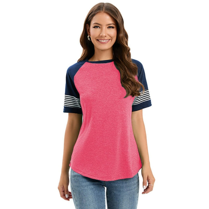 Women’s Crew Neck Raglan T-Shirt with Striped Short Sleeves