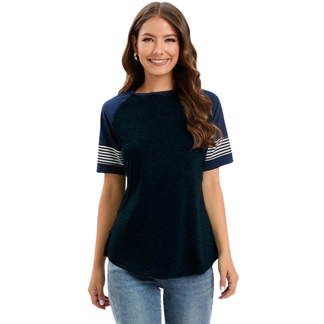Women’s Crew Neck Raglan T-Shirt with Striped Short Sleeves