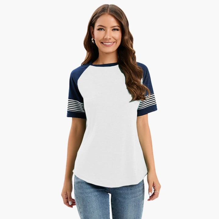 Women’s Crew Neck Raglan T-Shirt with Striped Short Sleeves