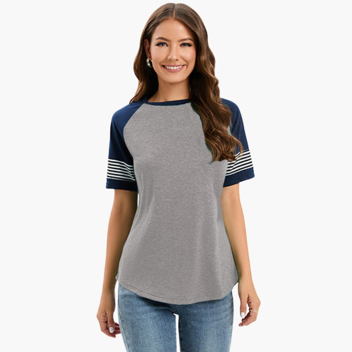 Women’s Crew Neck Raglan T-Shirt with Striped Short Sleeves