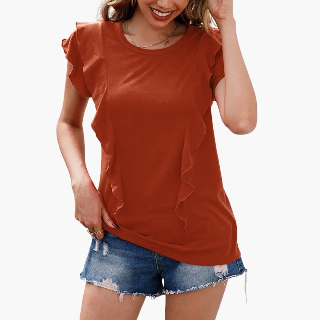 Women’s Crew Neck Ruffle Sleeve Short Sleeve T-Shirt
