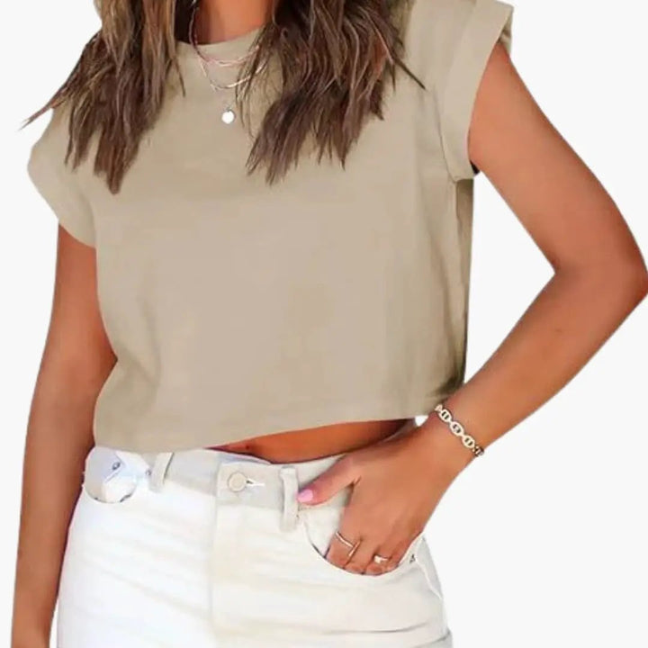 Women’s Crop Top with Rolled Sleeves and Round Neck