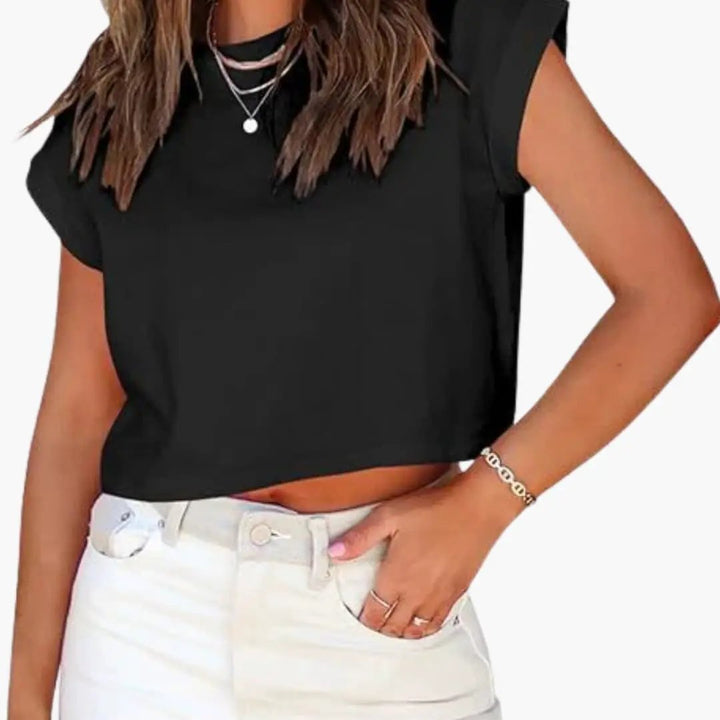 Women’s Crop Top with Rolled Sleeves and Round Neck