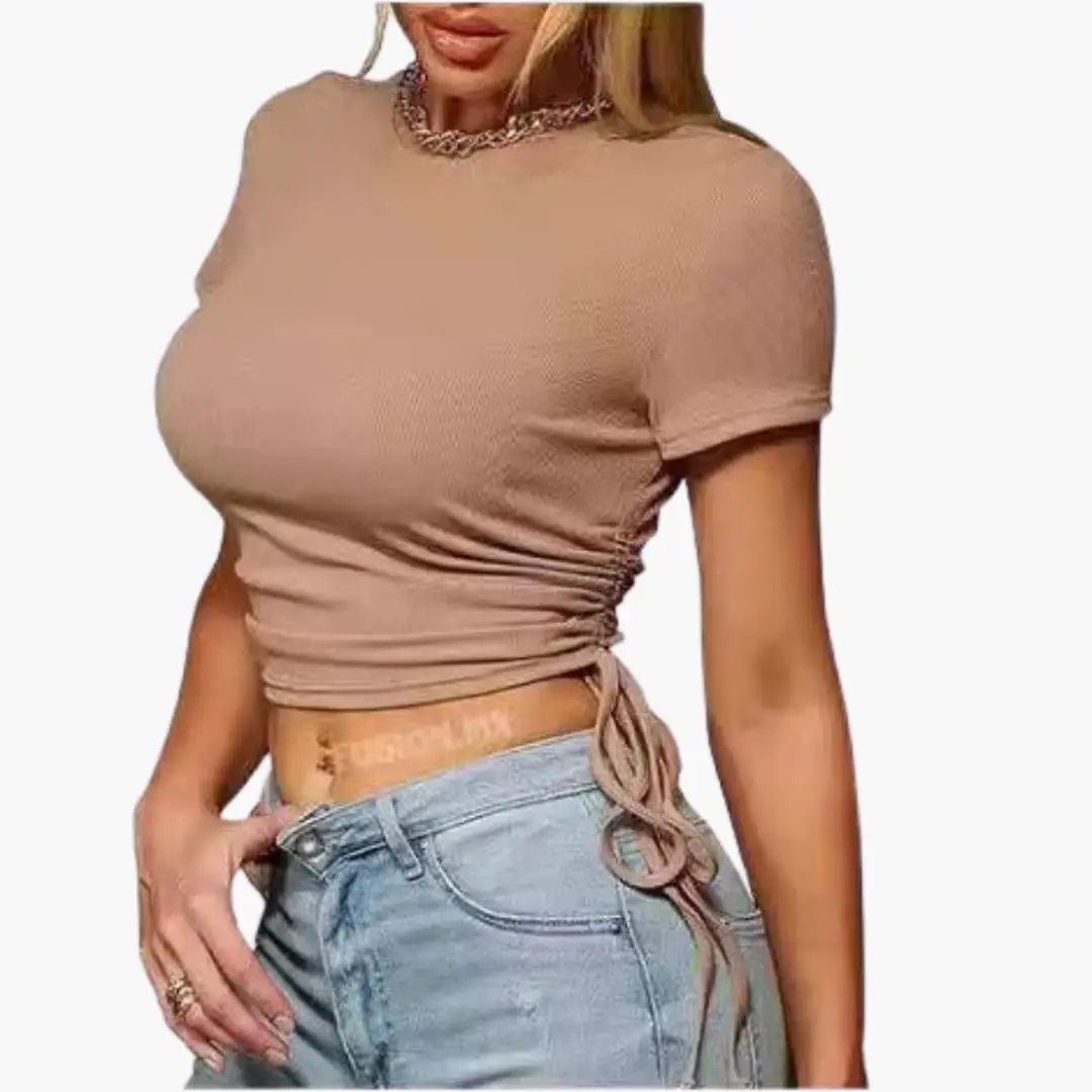 Women’s Cropped Ruched T-Shirt with Adjustable Side Ties – Short Sleeve Top
