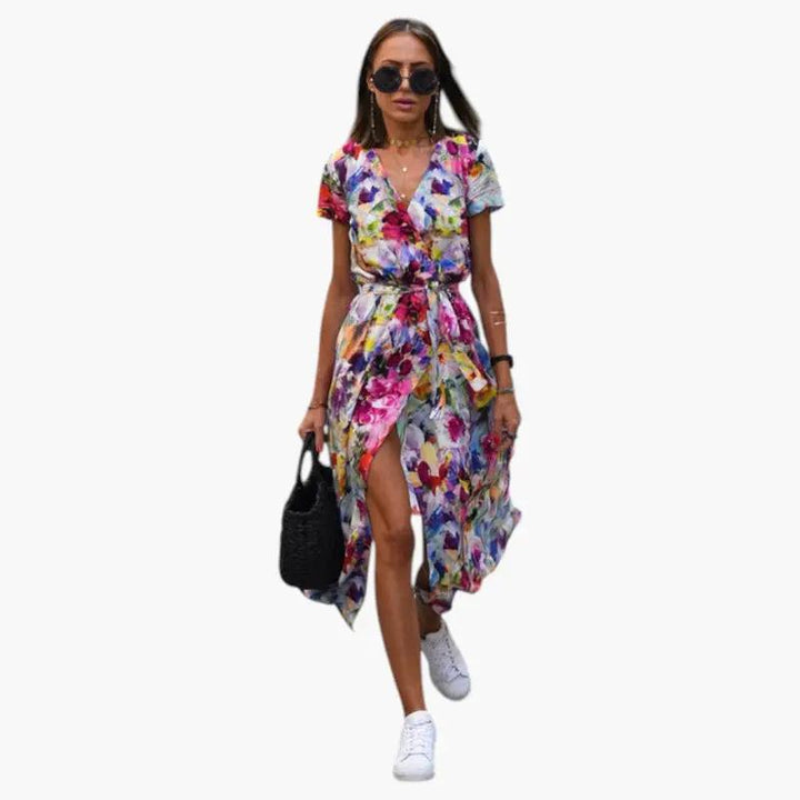 Women's Dress with V Neckline and Printed Surface