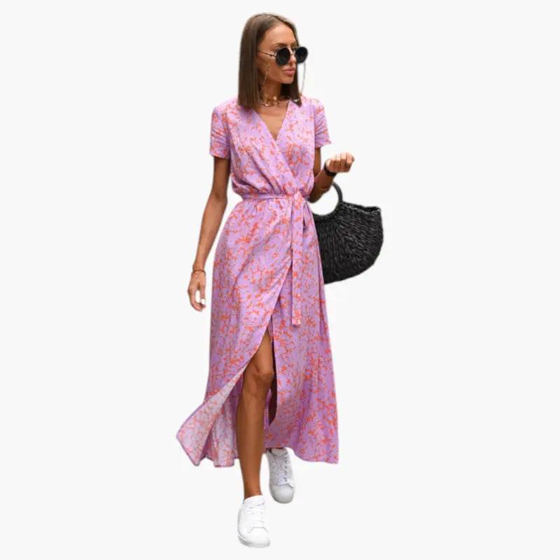 Women's Dress with V Neckline and Printed Surface