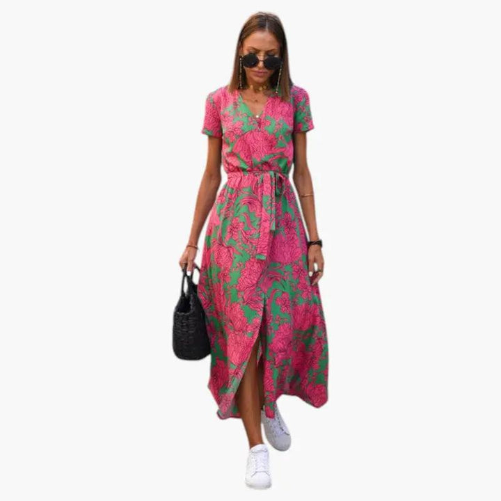 Women's Dress with V Neckline and Printed Surface