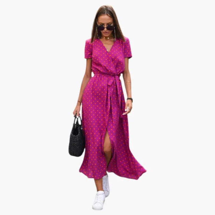 Women's Dress with V Neckline and Printed Surface