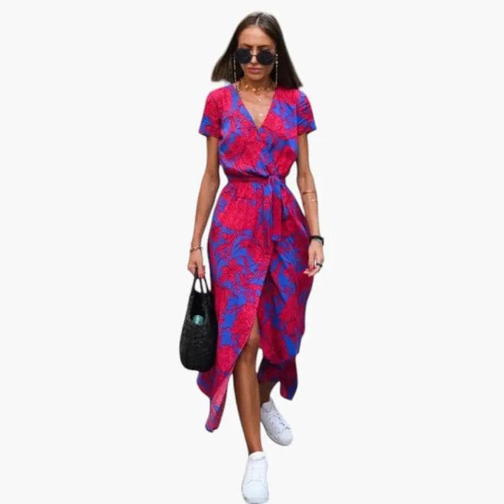 Women's Dress with V Neckline and Printed Surface