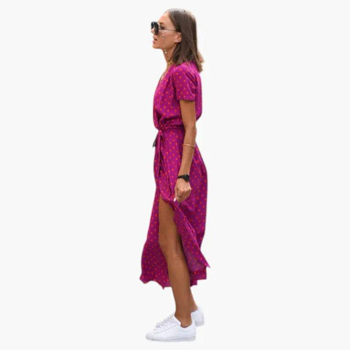 Women's Dress with V Neckline and Printed Surface
