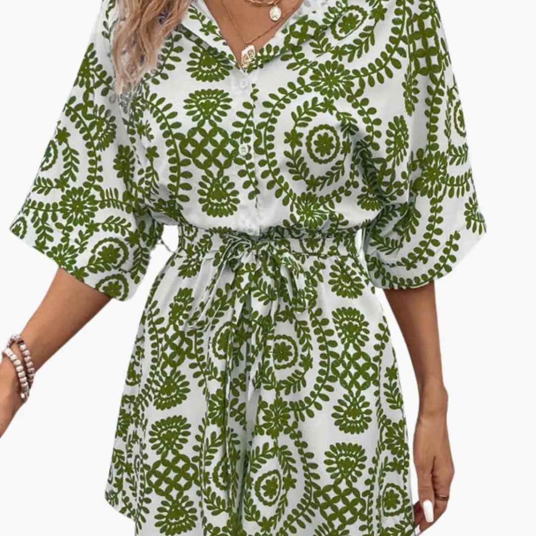 Women's Dress with Waist Tie Belt and Short Sleeves