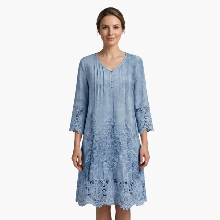 Women’s Embroidered Midi Dress Short Sleeve Defined Waist Dress