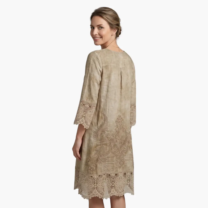 Women’s Embroidered Midi Dress Short Sleeve Defined Waist Dress
