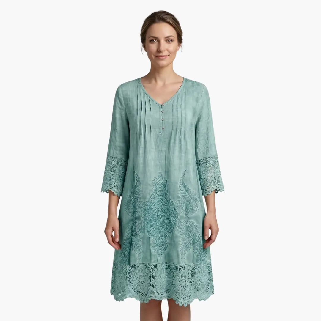 Women’s Embroidered Midi Dress Short Sleeve Defined Waist Dress