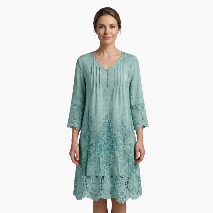 Women’s Embroidered Midi Dress Short Sleeve Defined Waist Dress