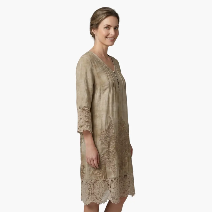 Women’s Embroidered Midi Dress Short Sleeve Defined Waist Dress