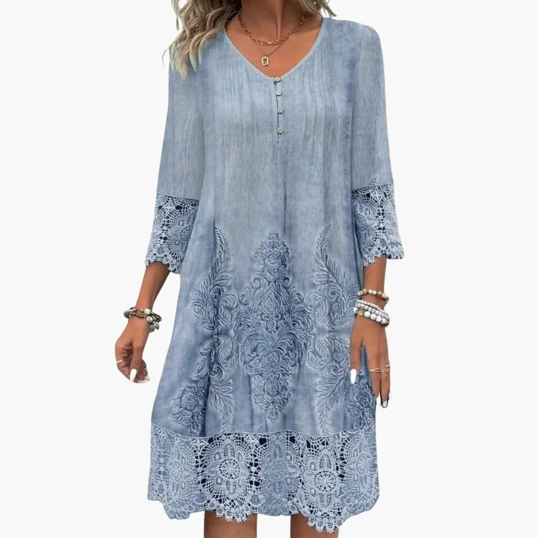 Women’s Embroidered Midi Dress Short Sleeve Defined Waist Dress