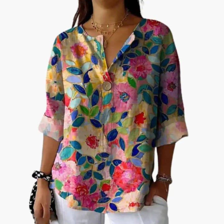 Women’s Floral Button-Down Blouse Long Sleeve Collared Woven Shirt Top