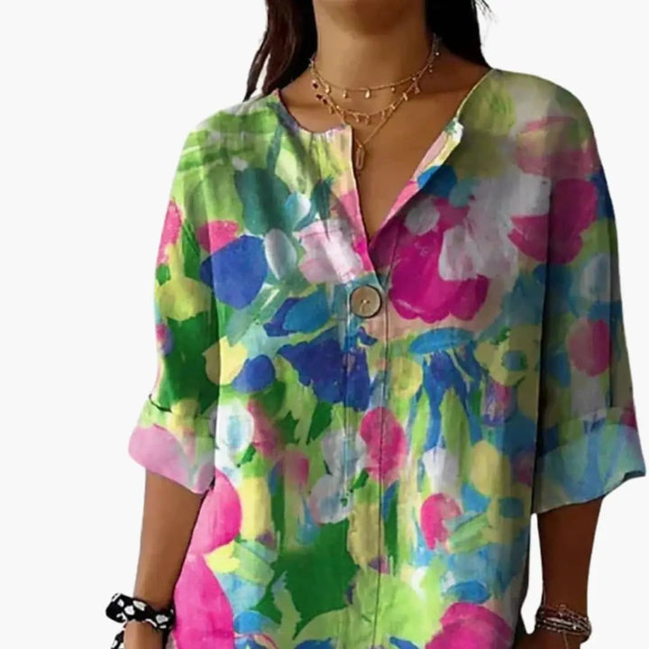 Women’s Floral Button-Down Blouse Long Sleeve Collared Woven Shirt Top