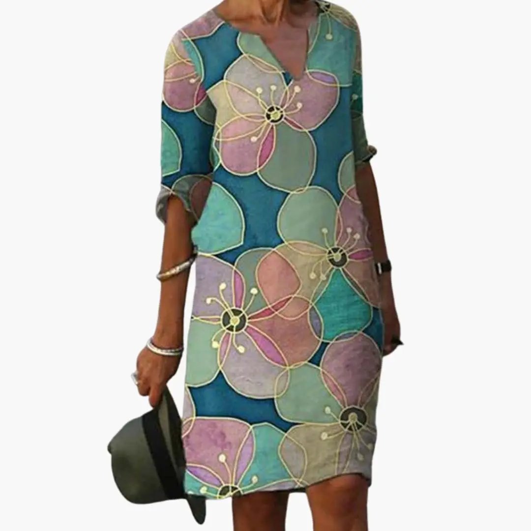 Women’s Floral Dress with Round Neckline and Short Sleeves