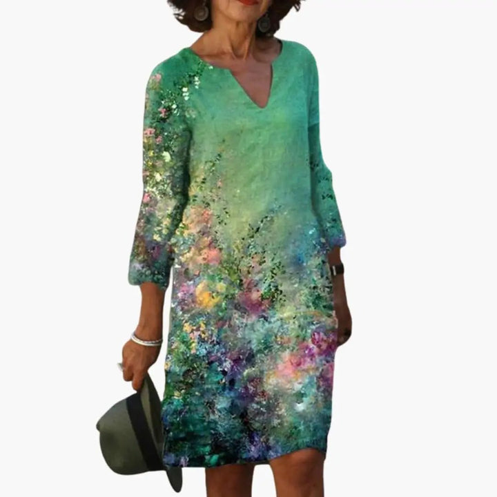 Women’s Floral Dress with Round Neckline and Short Sleeves