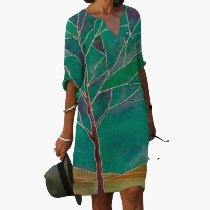 Women’s Floral Dress with Round Neckline and Short Sleeves