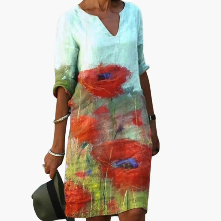 Women’s Floral Dress with Round Neckline and Short Sleeves