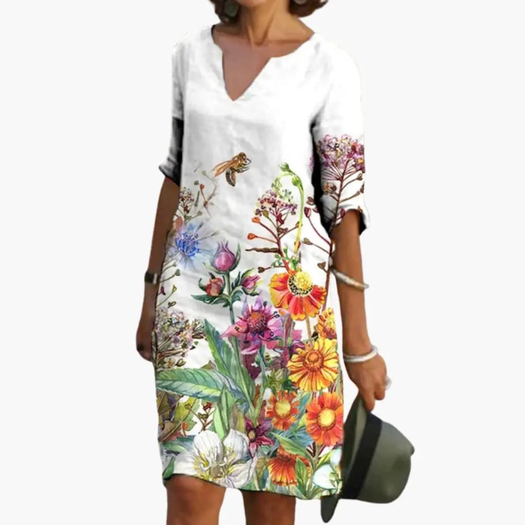 Women’s Floral Dress with Round Neckline and Short Sleeves
