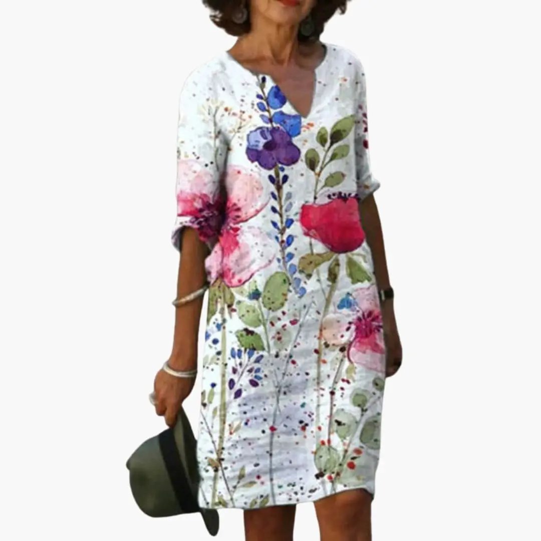 Women’s Floral Dress with Round Neckline and Short Sleeves