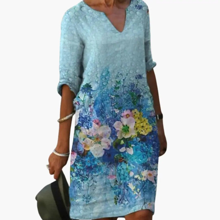 Women’s Floral Dress with Round Neckline and Short Sleeves