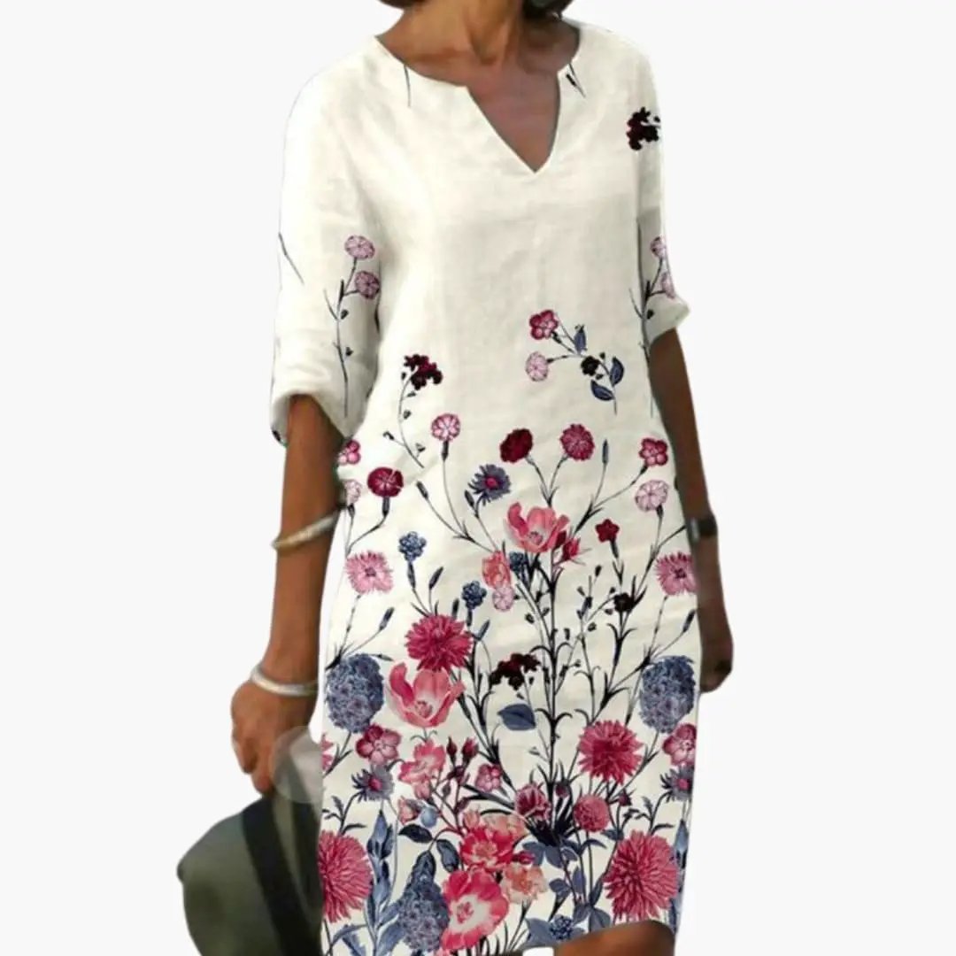 Women’s Floral Dress with Round Neckline and Short Sleeves
